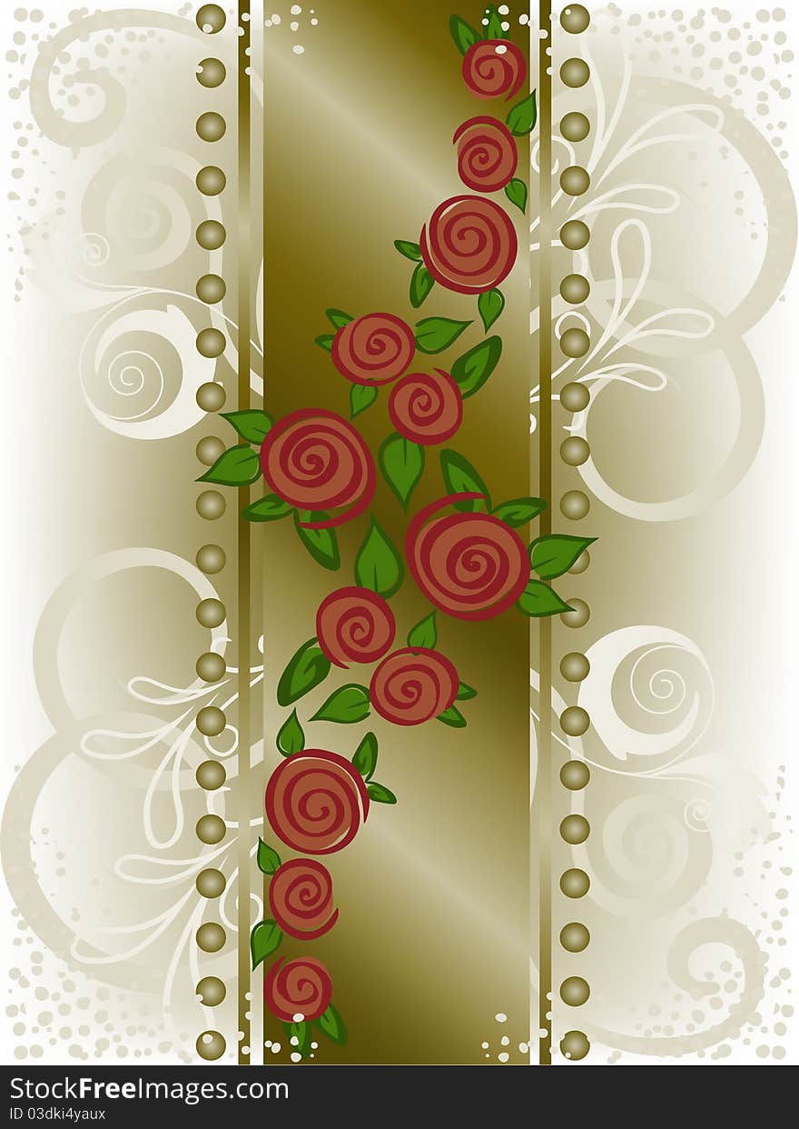 Red roses on a vertical strip with curls and beads. Red roses on a vertical strip with curls and beads