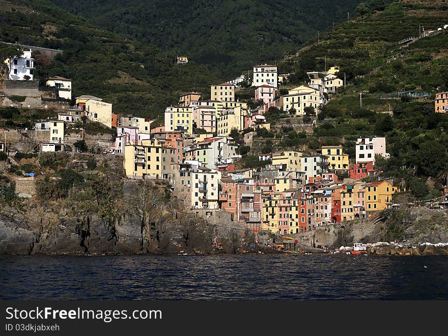 View of the village of Riomaggiore in the Cinque Terre region of Italy