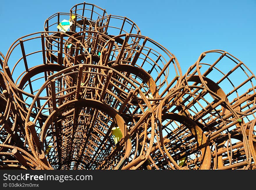 Round Reinforcement steel cages for columns at blue sky