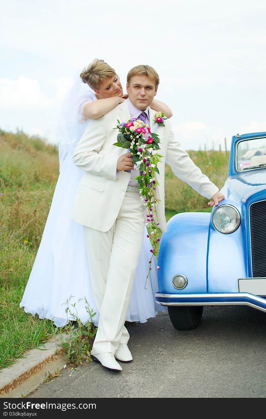 Bride and groom hugging