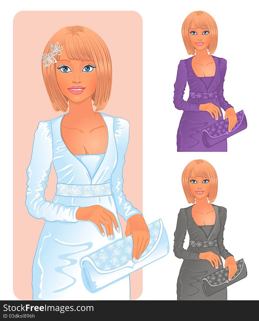 Blonde in a beautiful dress, the three options. Blonde in a beautiful dress, the three options