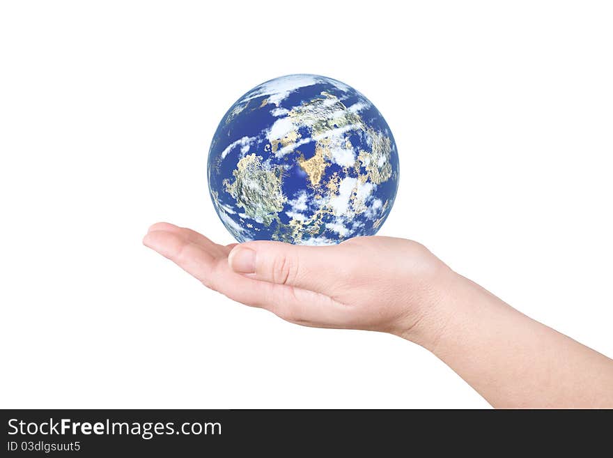 On a human hand the globe lays. On a human hand the globe lays