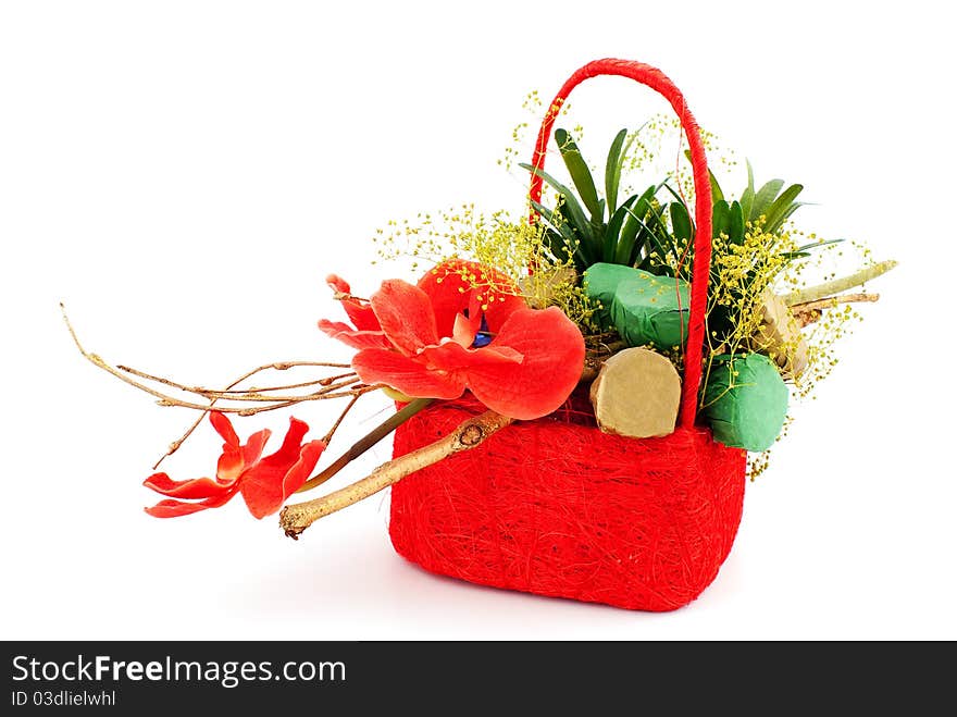 The composition of flowers and chocolates on white background. The composition of flowers and chocolates on white background