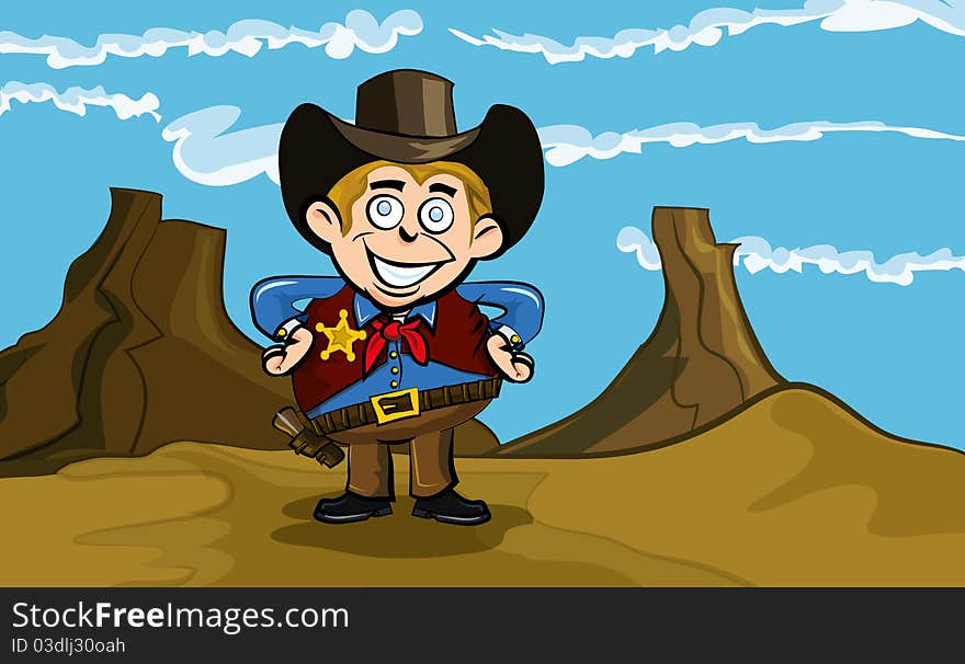 Cute cartoon cowboy smiling. He is in the desert