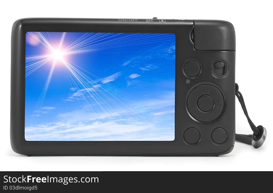 Photo camera isolated on white background with picture of sky