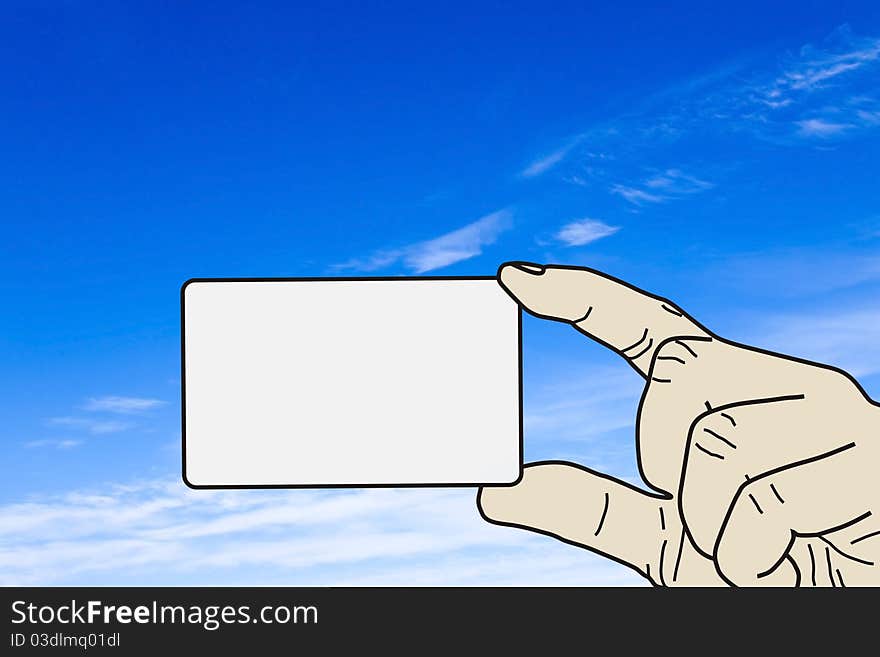 Business card in hand on sky background