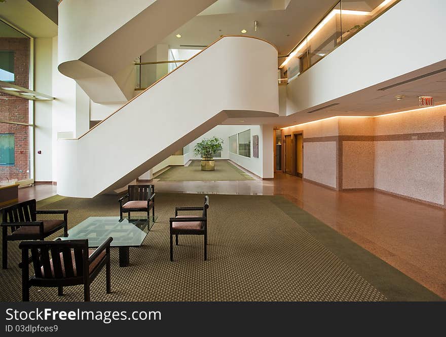 Lobby entrance in multi levels to a modern office building