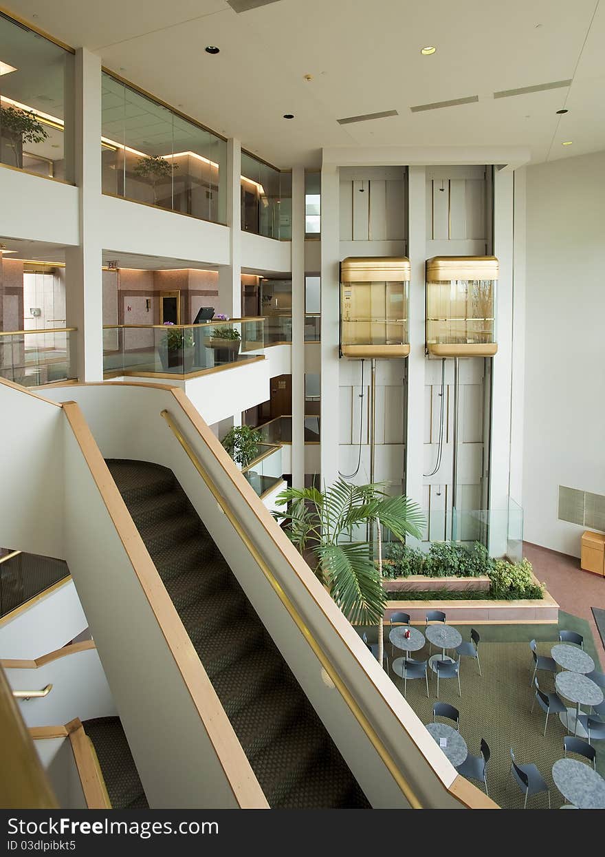 Lobby entrance in multi levels to a modern office building