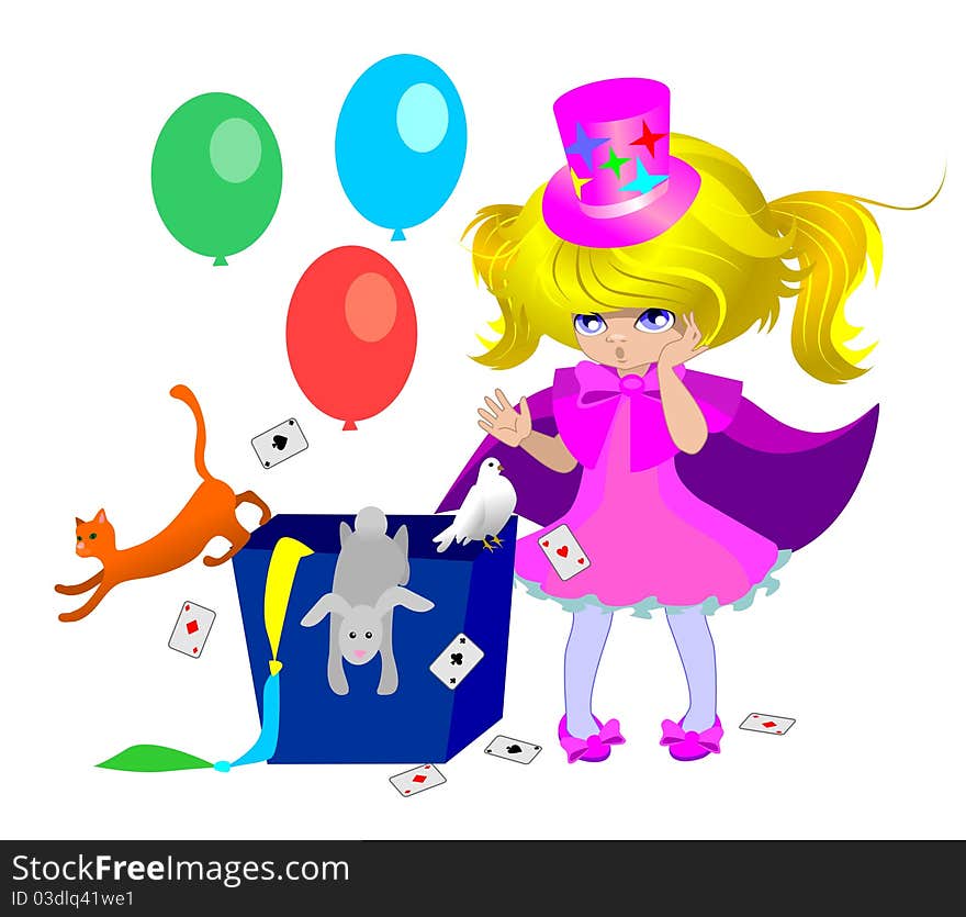 Little girl magician with a box.Illustration