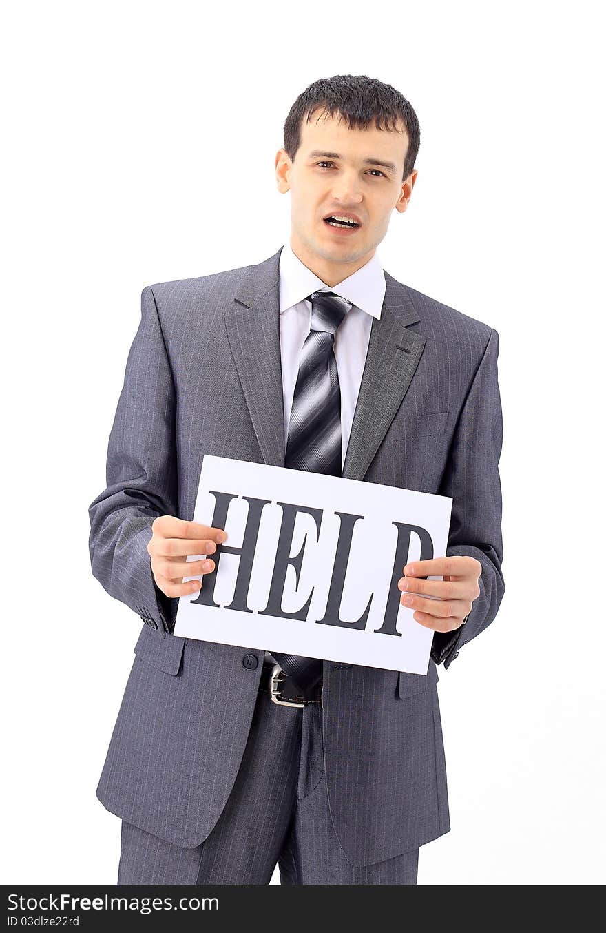 Unemployed businessman with blank cardboard sign , isolated on white background. Unemployed businessman with blank cardboard sign , isolated on white background