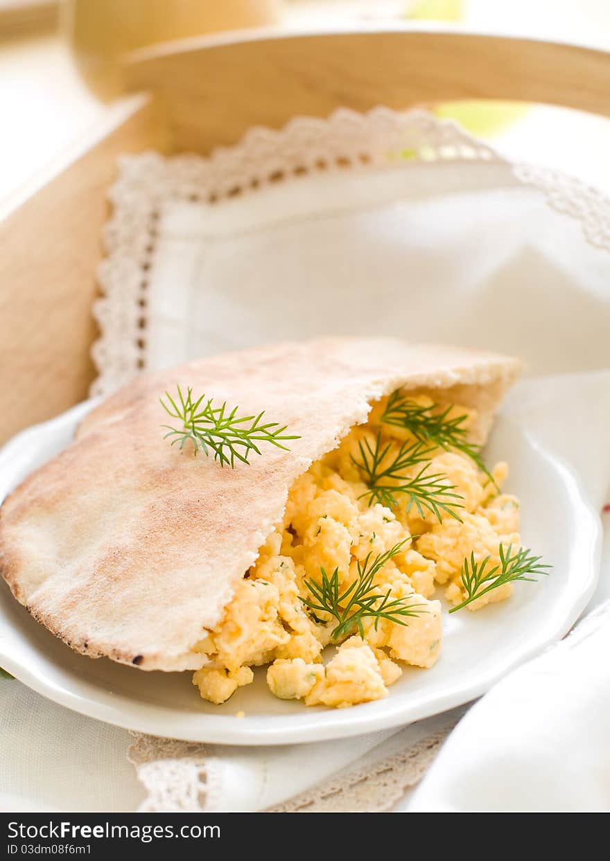 Breakfast omelet in pita bread with dill. Breakfast omelet in pita bread with dill