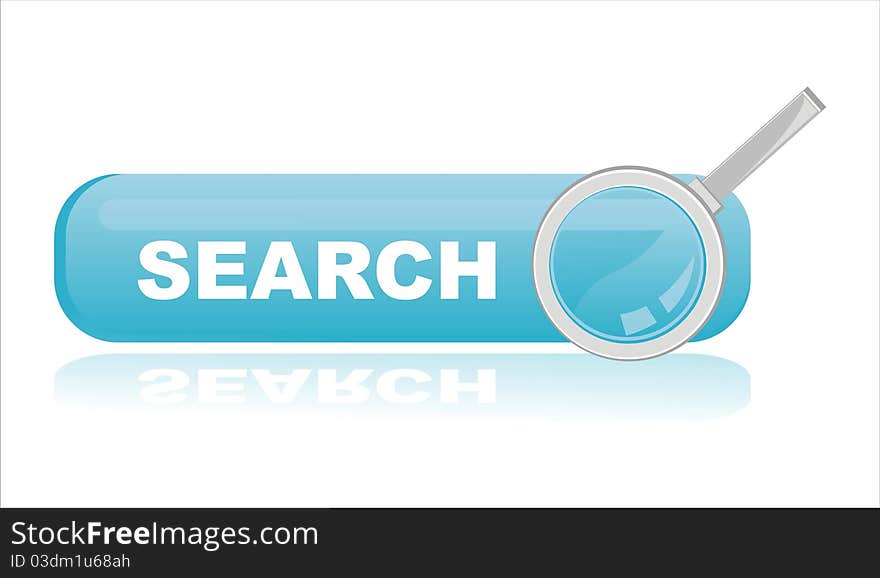 Glossy blue search banner with magnifying glass