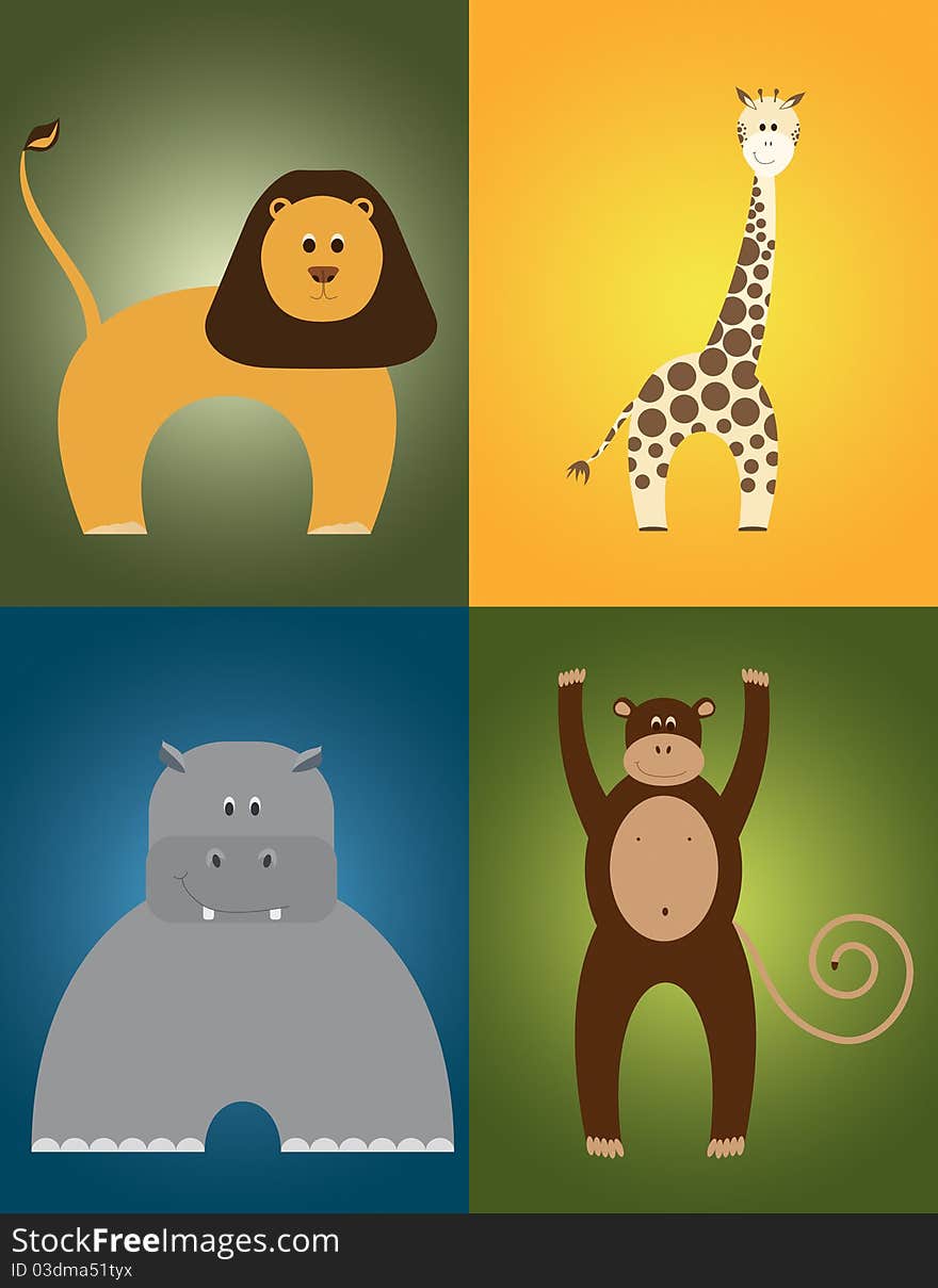 Leo, giraffe, hippo and monkey illustration. Leo, giraffe, hippo and monkey illustration.