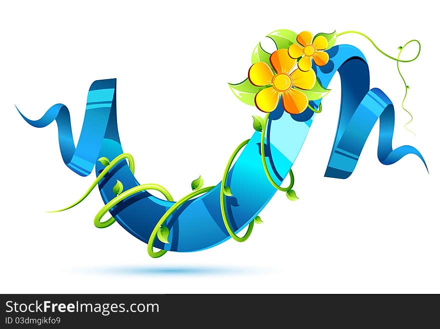 Illustration of glossy ribbon with floral swirls laying on floral