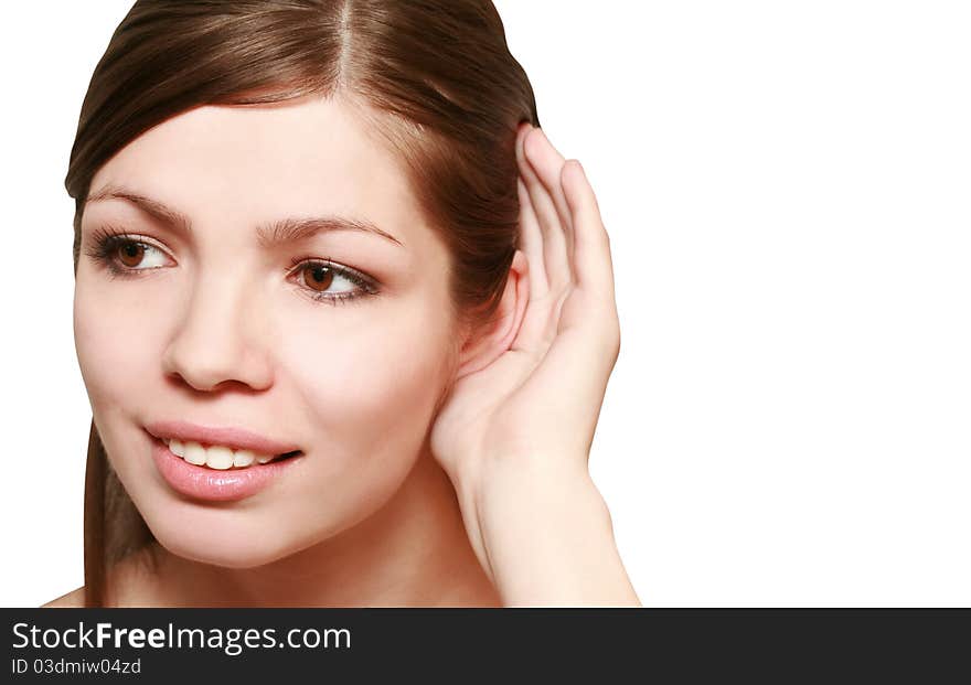 Woman listening to gossip on a white background