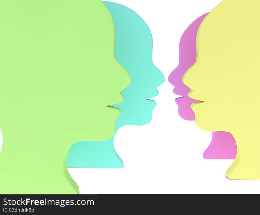 Abstract 3d illustration of different color faces on white background