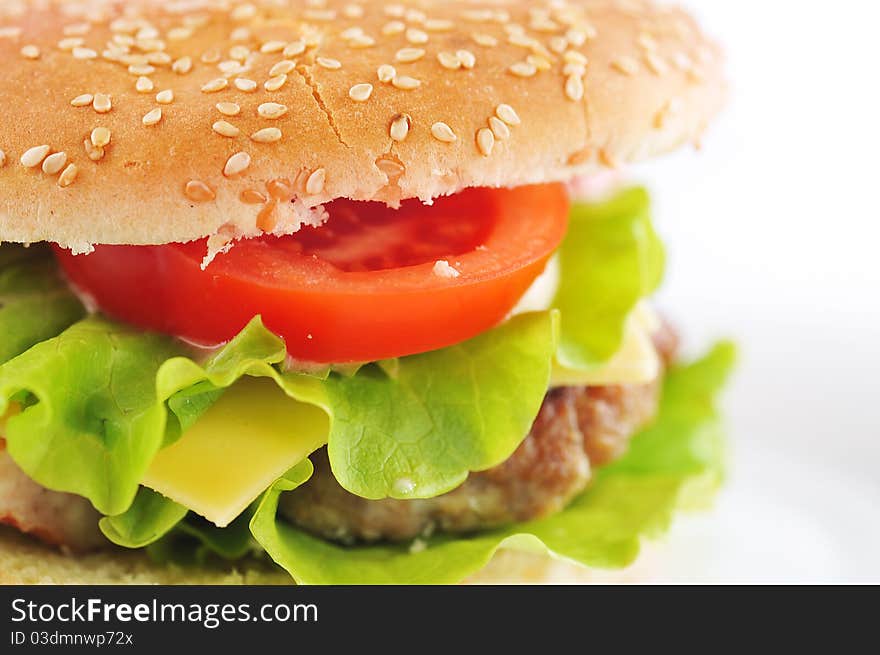 Hamburger with cutlet and vegetables close up