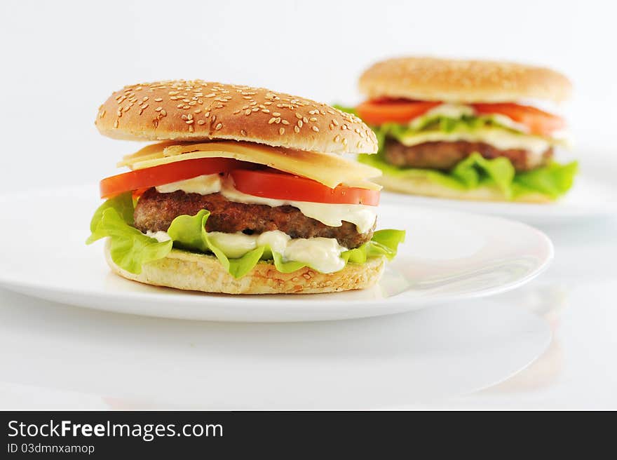 Hamburger with cutlet and vegetables on dish