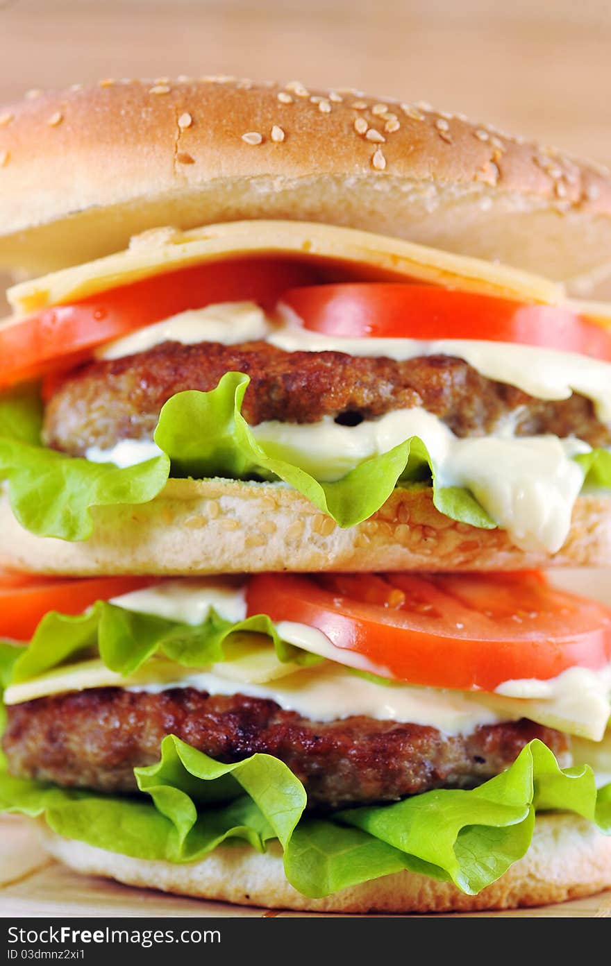 Hamburger with cutlet and vegetables close up