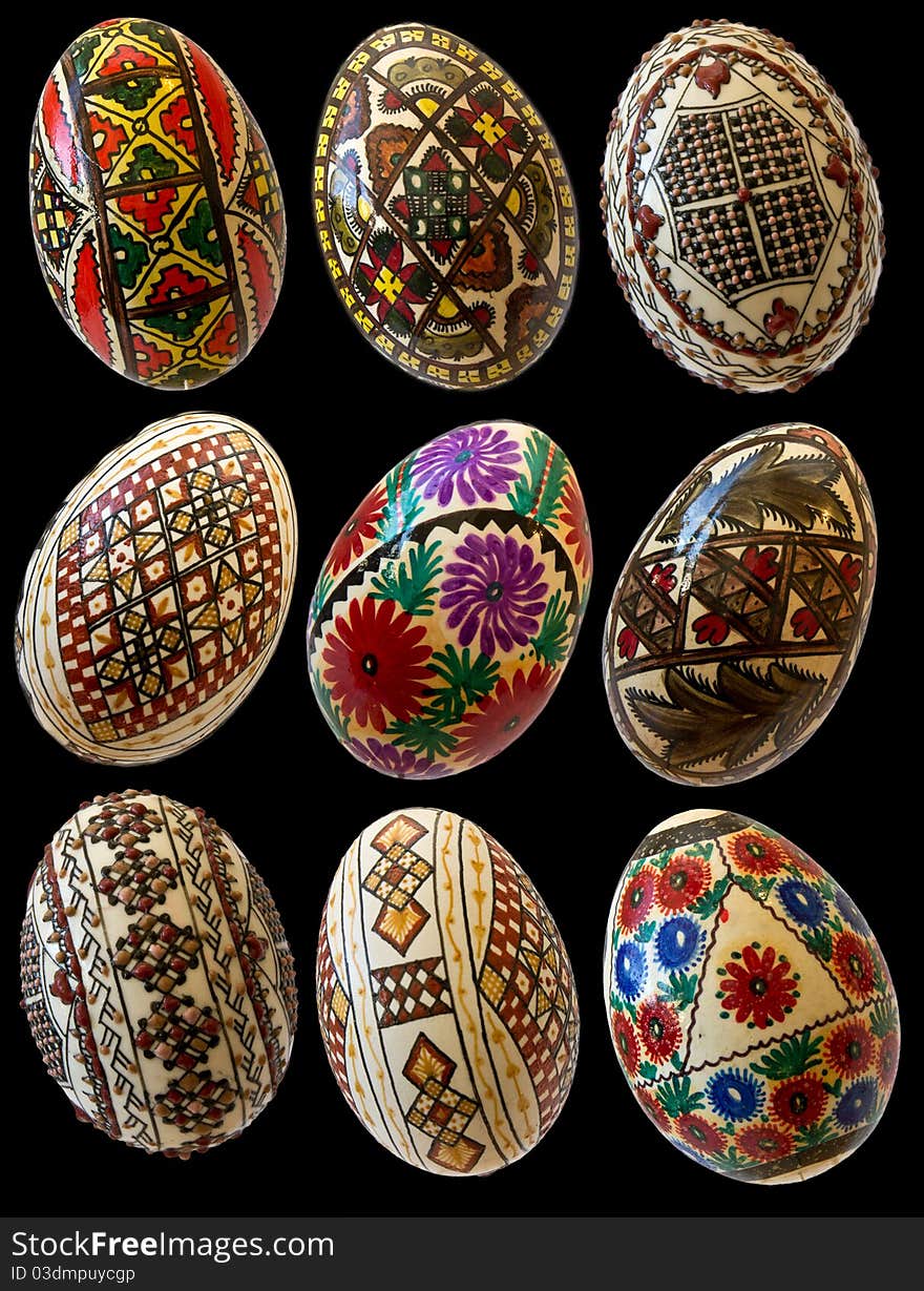 Traditional hand painted eggs for easter from Bucovina, Romania. Isolated on black. Traditional hand painted eggs for easter from Bucovina, Romania. Isolated on black.