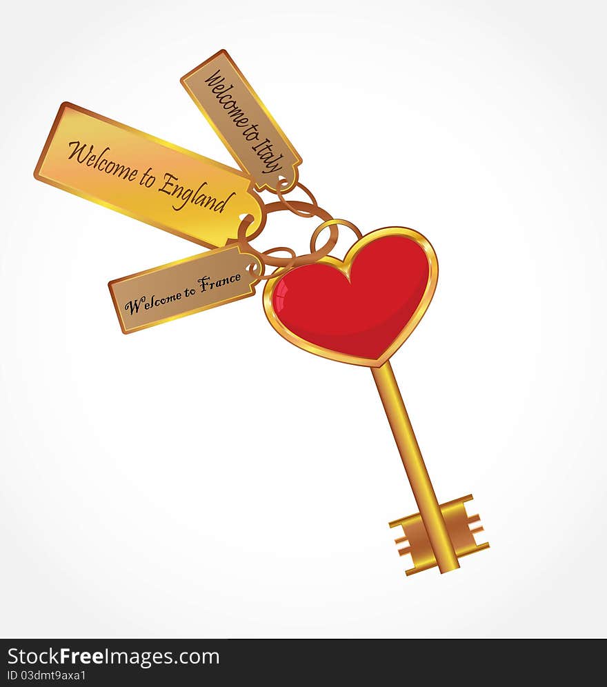 Gold key in heart shape with welcome tags. Gold key in heart shape with welcome tags