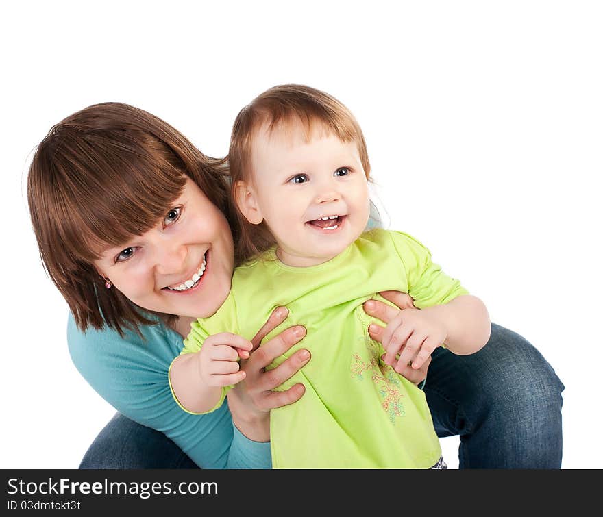 Young little daughter and his pretty young mother isolated