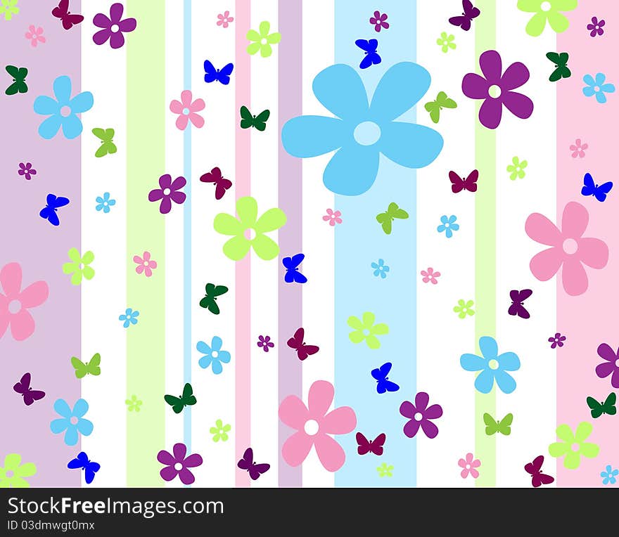 Colorful background with flowers and butterfly