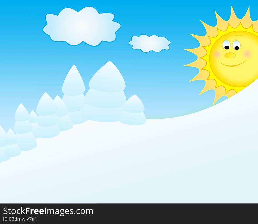 Winter landscape cartoon with sun