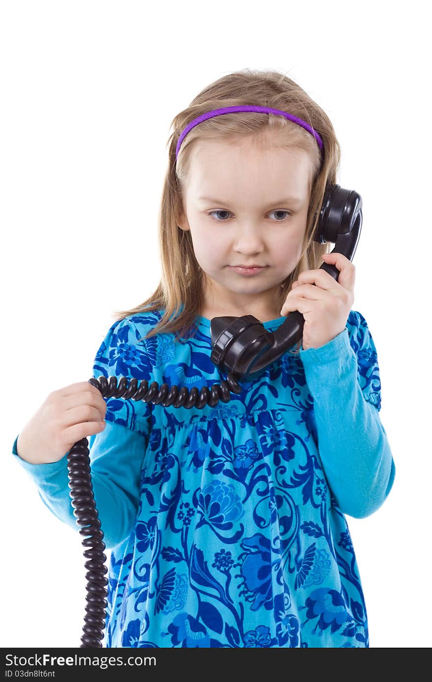 Bad news. Little girl phone talking. Isolated on white. Bad news. Little girl phone talking. Isolated on white.