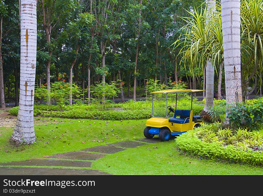 Golf cart on path, pretty green grass