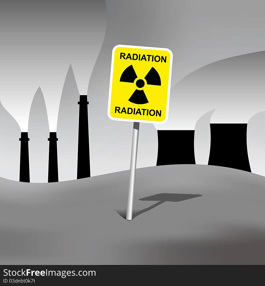 Radiation contaminated nature with radiation sign and plants in background