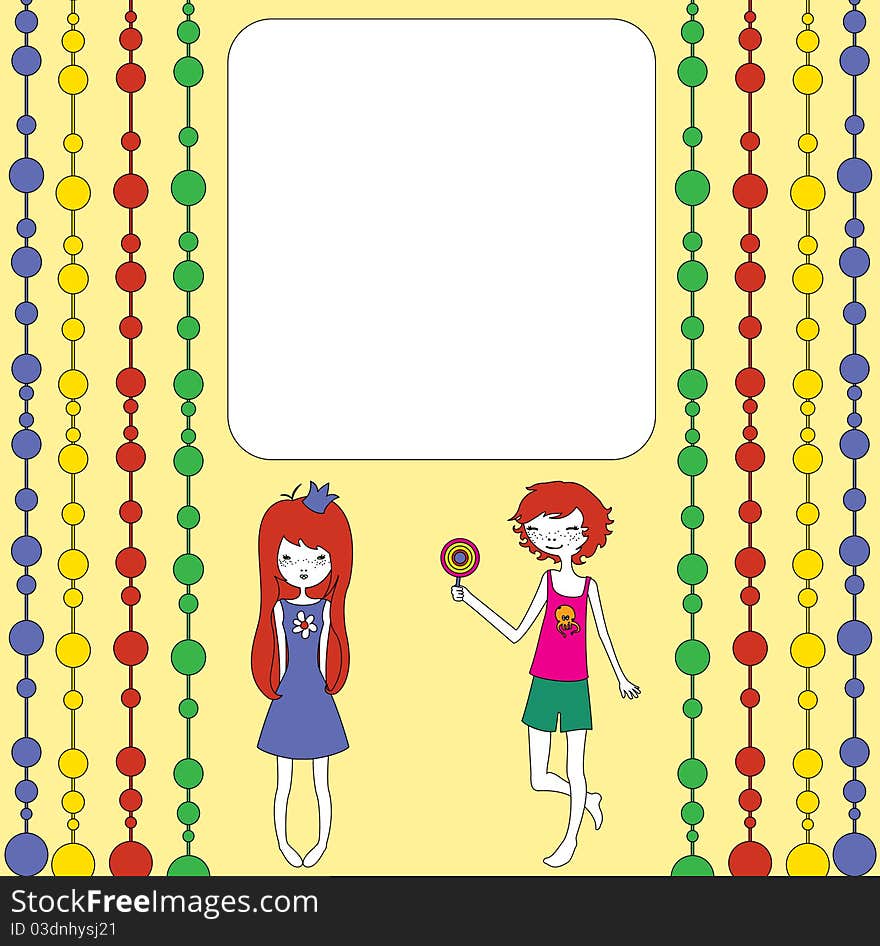 Vector Illustration of retro design greeting card with little girl and boy and copy space for your text