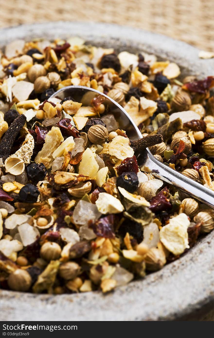 Mix of spices and herbs for seasoning of food - macro