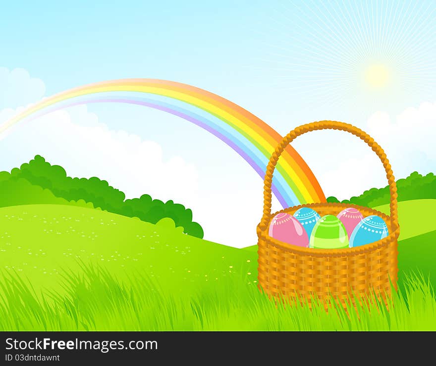 The illustration contains the image of Easter landscape