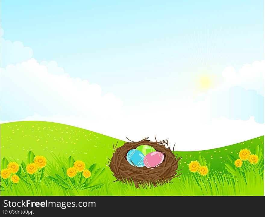 The vector illustration contains the image of Easter landscape