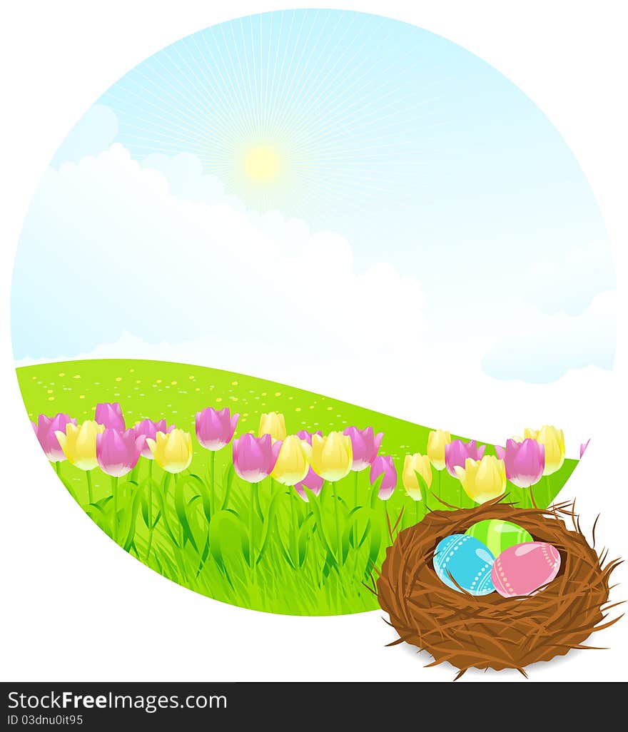 The vector illustration contains the image of Easter landscape