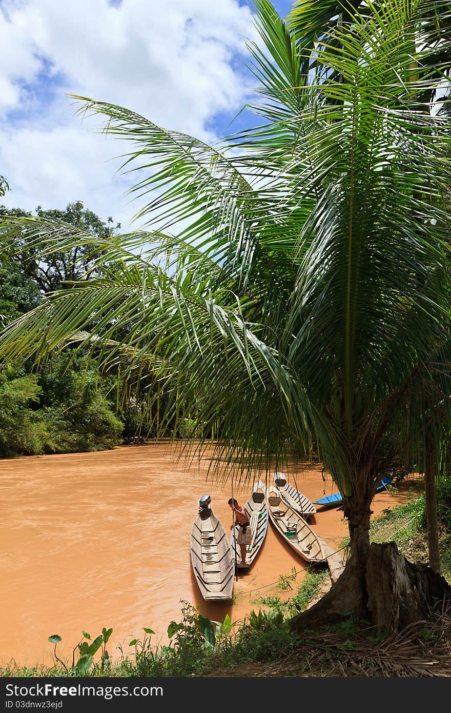 Brown River With Boats In The Jungle