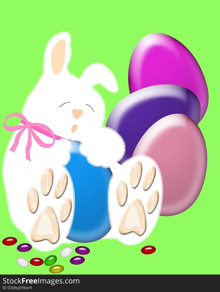 Easter eggs and jellybeans around sleeping bunny. Easter eggs and jellybeans around sleeping bunny