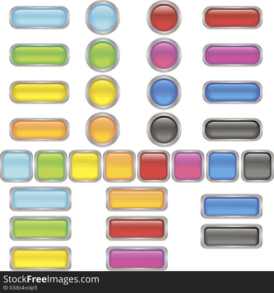 A set of colorful glossy buttons in different shapes. A set of colorful glossy buttons in different shapes