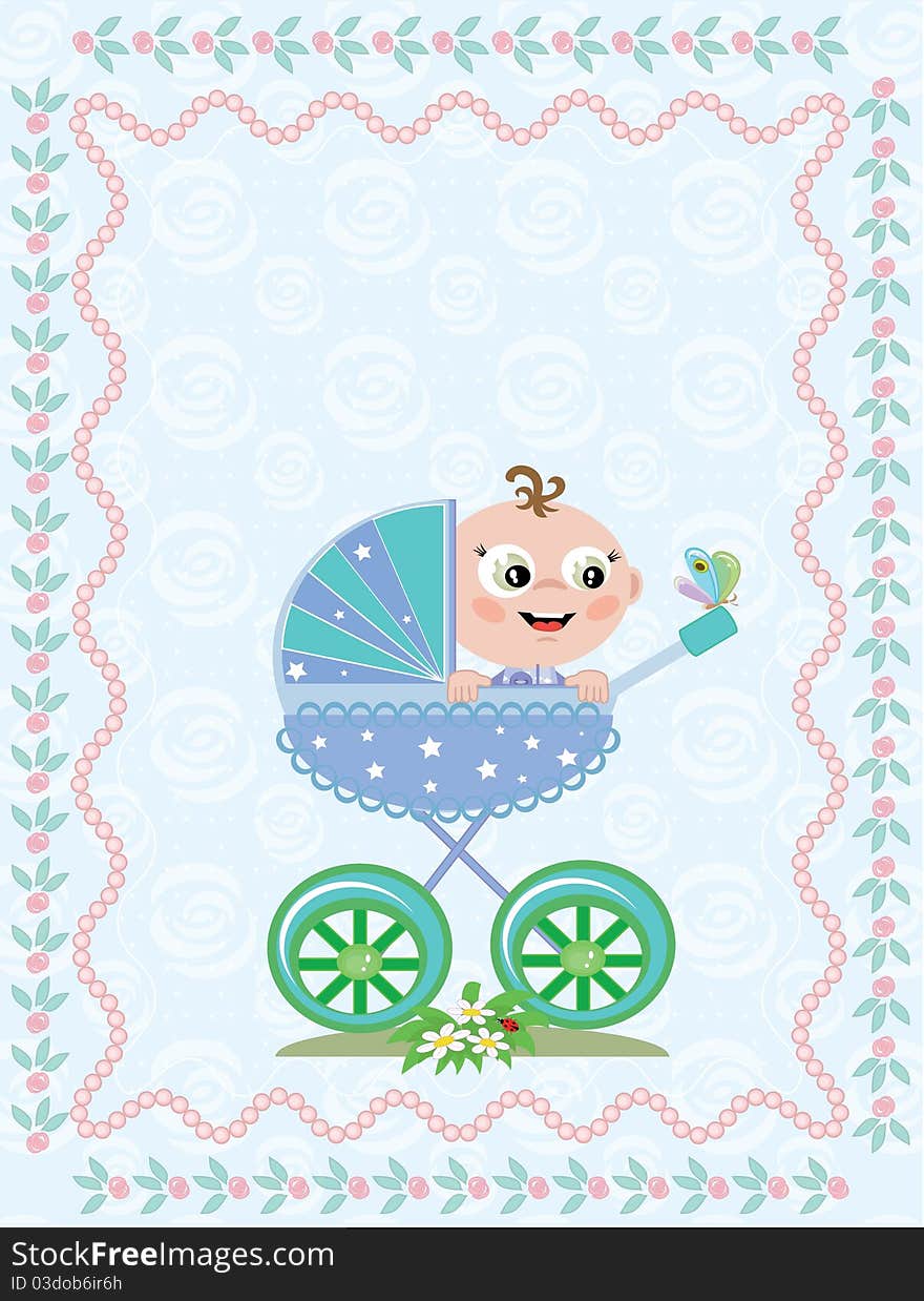 Birthday background with baby boy in carriage. Birthday background with baby boy in carriage