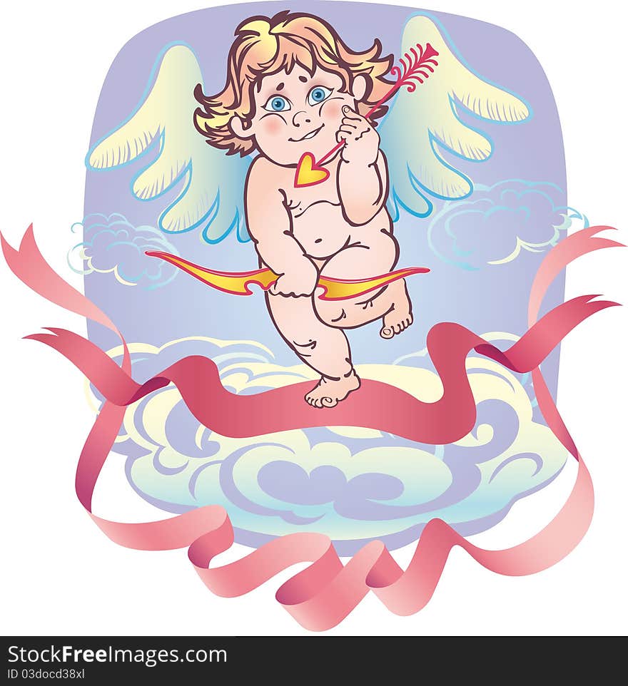 Nude Cupid with an arrow on the cloud and the tape. Nude Cupid with an arrow on the cloud and the tape