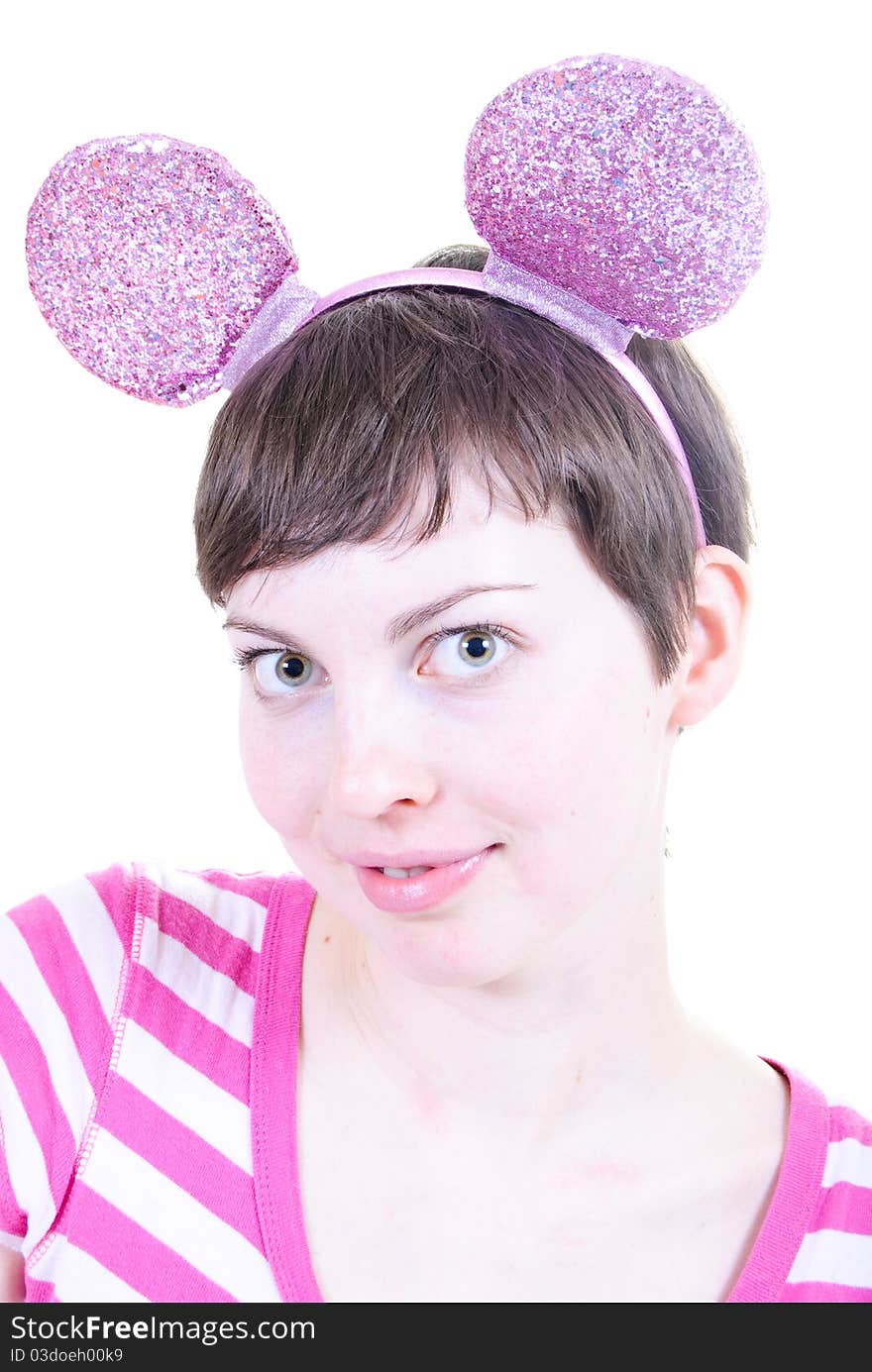 Beautiful woman wearing rose mouse headband. Beautiful woman wearing rose mouse headband