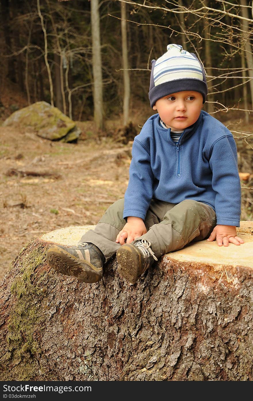 Little boy sitting on a tree stump and having rest. Little boy sitting on a tree stump and having rest