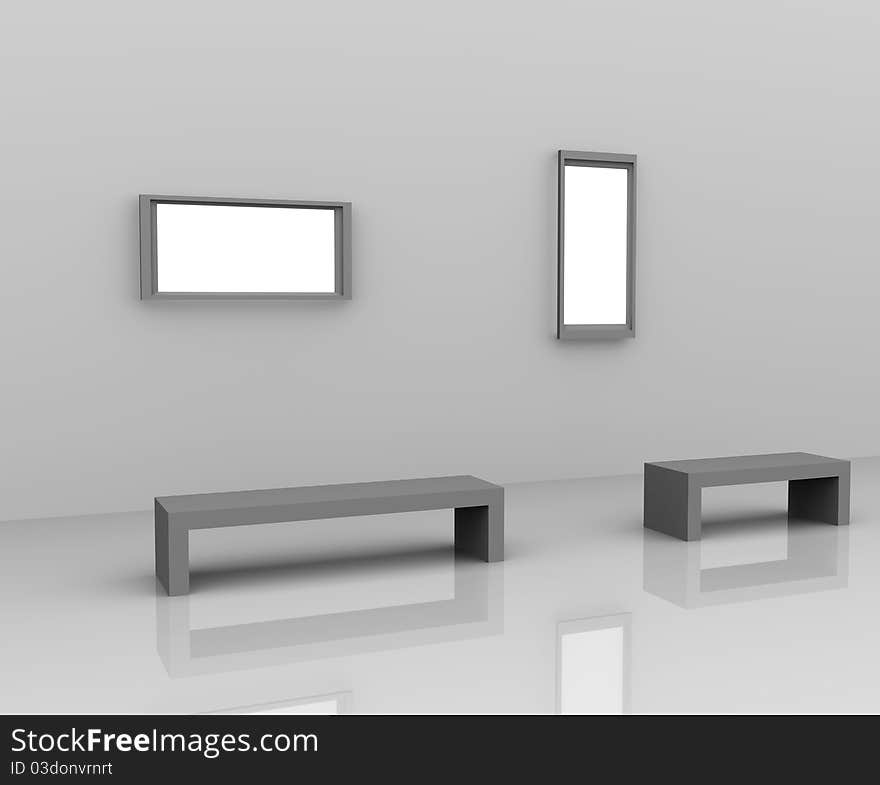 Gallery Interior with empty frame on wall - this is 3d illustration