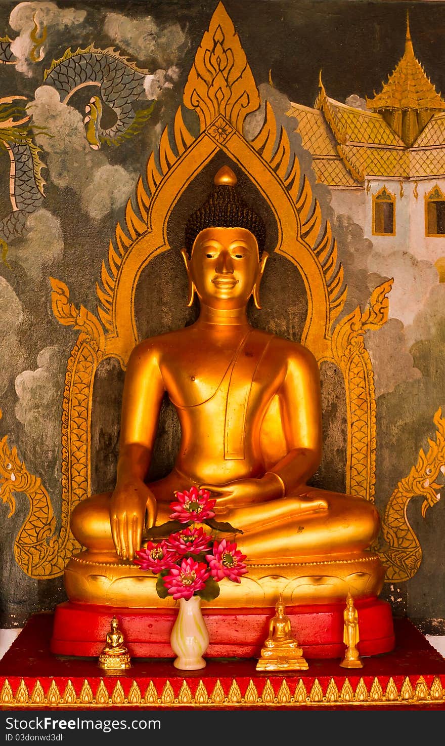 Golden Buddha statue with Thai painting background