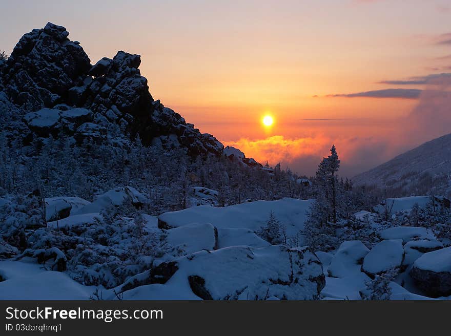 Sunrise in mountains.