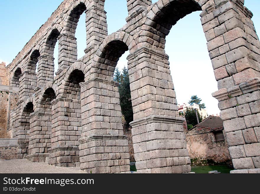 The famous ancient aqueduct in Segovia Spain