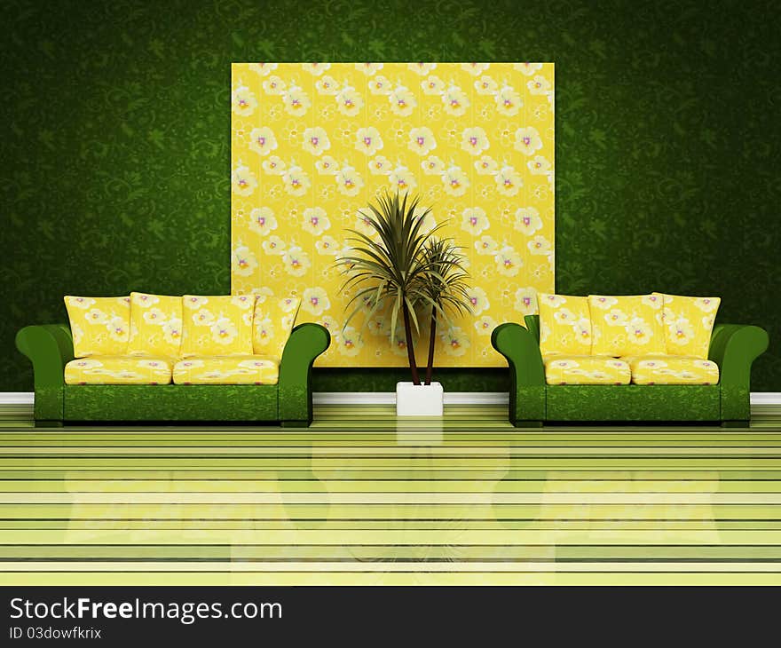 Modern interior design of living room with two nice sofas and a plant. Modern interior design of living room with two nice sofas and a plant