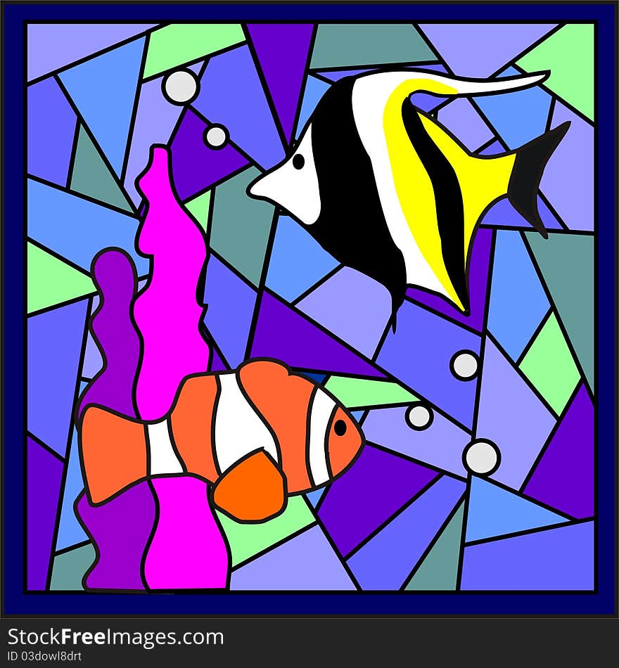 Two colours fish in a stained glass window