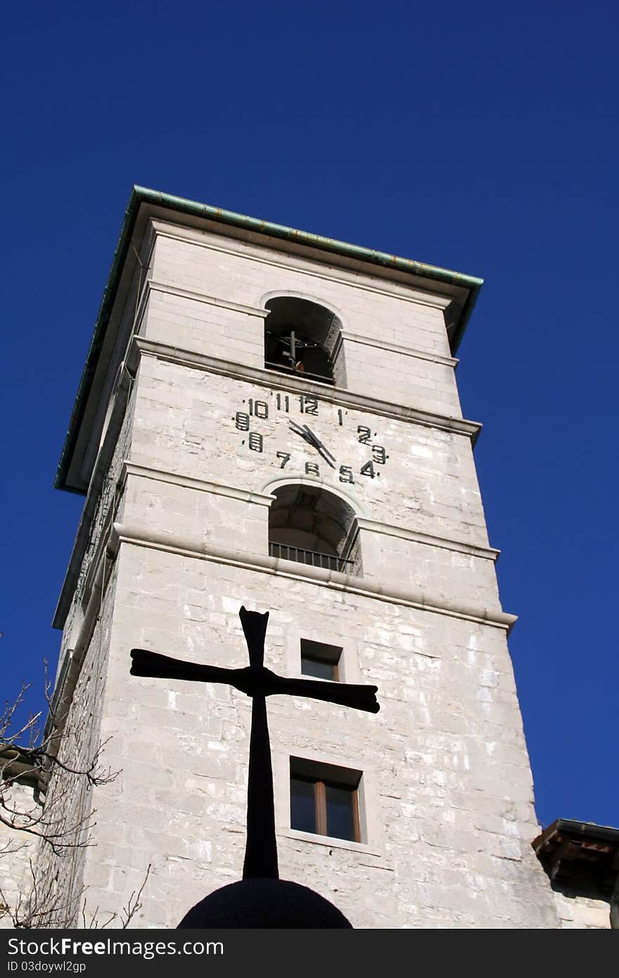 The clock tower, detail of the shrine and convent of Castelmonte. The clock tower, detail of the shrine and convent of Castelmonte